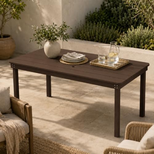 64" Rectangular Outdoor Dining Table, All-Weather HDPE Patio Table for 6-8 Person, Large Composite Wood Furniture with Umbrella Hole for Backyard Deck Garden Poolside, Coffee by PatioKingdom