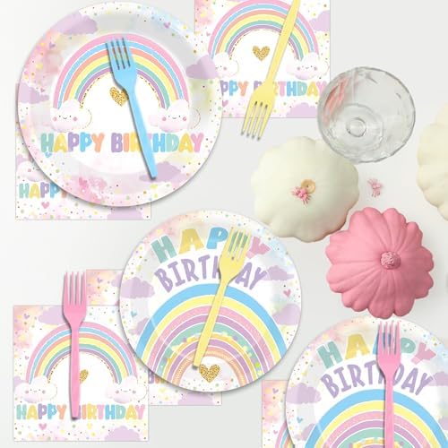 96PCS Boho Pastel Rainbow Party Paper Plates and Napkins for Rainbow Cloud Theme Party Dessert Cake Plates Disposable Decor Girls Happy Birthday Set for Kids Birthday Gatherings Decorations - Image 5