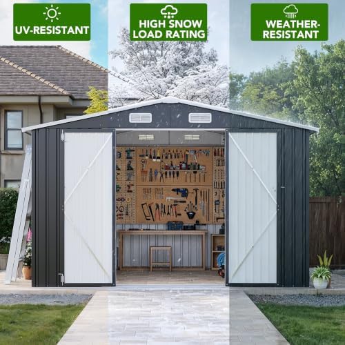 MXV 12 x 10FT Outdoor Storage Shed, Metal Garden Shed with Windows, Double Lockable Doors & Sloped Roof, Waterproof Tool Sheds for Backyard Garden Patio Lawn, Black - Image 3