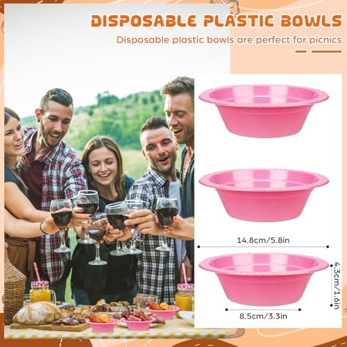 24 Pack 12 oz Disposable Plastic Bowls Dessert, Ice Cream, Salad, Soup Serving Cups for Party, Picnic, Food Snacks (Pink) - Image 2