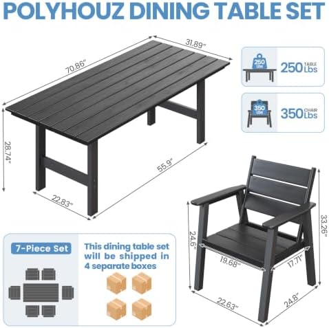 HDPE Outdoor Dining Table and Chairs, 7-Piece Patio Table and Chairs Set, Outdoor Dining Set for 6, All-Weather Dining Furniture Set with Umbrella Hole, Black - Image 2