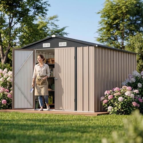 Devoko 8x12 FT Outdoor Storage Shed, Metal Tool Shed with Lockable Door&Slooping Roof, Outside Large Utility Storage for Garden Backyard Patio(Brown) - Image 6