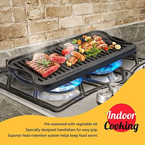 Overmont Reversible Cast Iron Grill - 17" x 9.8" Dual-Sided Griddle Pan - Image 4