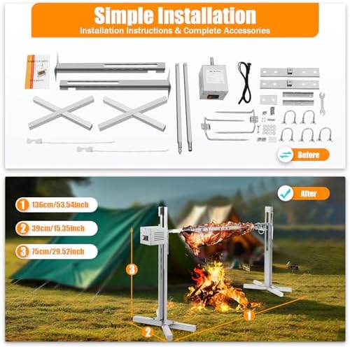 53" Electric BBQ Rotisserie Grill Kit, 88LBS Capacity Universal Roaster Stand, 110V Automatic 25W Rotatable Motor, Height Adjustable Spit Roaster Stand for Roasting Pig Lamb - Image 3