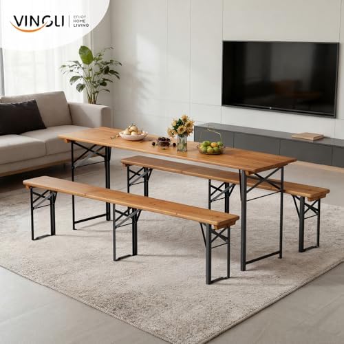 VINGLI 70 Inch Folding Picnic Tables with Benches Set, Weather-Resistant Wooden Beer Garden Table Bench, 3-Piece Portable Fold Up Camping BBQ Table,Walnut Color - Image 7