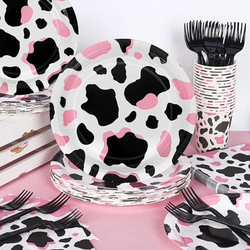 Kochorie 144 Pieces Pink Cow Print Party Supplies, Cowgirl Pink Cow Tableware Sets Including Disposable Paper Plates Napkins Cups Forks Serves 24 for Baby Shower Birthday Party Decorations - Image 4