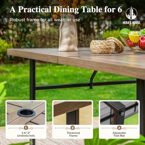 HERA'S HOUSE 7pc Outdoor Patio Dining Set, Wood-Look Metal Table, Red - Image 3