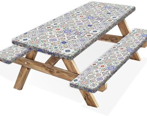 Picnic Table Cover with Bench Covers, Camping Essentials, Buffalo Plaid Waterproof Windproof Camping Tablecloth, Fitted Tablecloth Cover with Elastic Edge, for Garden & Outdoor, 3 PCS, 30x72 Inch by Xguatan