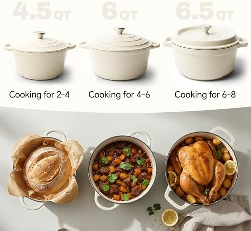6.5 Quart Dutch Oven Pot with Lid, Non Stick Enameled Cast Iron Dutch Oven for Bread Baking, Heavy-Duty, Oven Safe Ceramic Cookware Up to 500°F for Baking, Braising, Stews, Roasting, Beige - Image 3