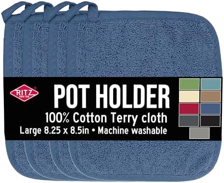 RITZ Terry Potholder & Hot Pad: Unparalleled Heat Resistant, Durable 100% Cotton – Ergonomically Designed for Optimal Grip – Easy-Care Machine Washable – 4-Pack, Federal Blue by RITZ