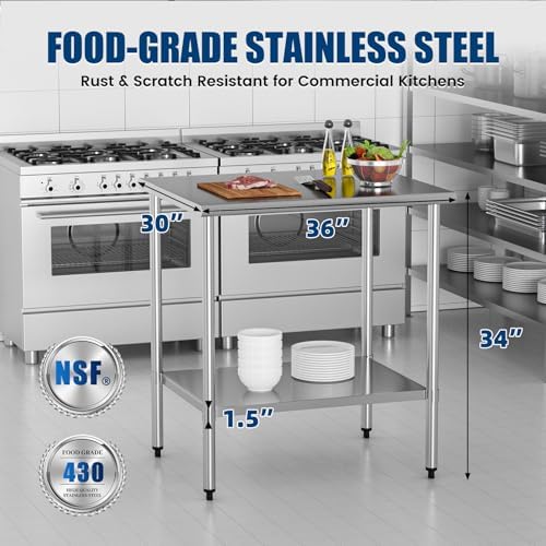Stainless Steel Work Table 30 x 36 Inch with Adjustable Undershelf, Heavy-Duty Metal Prep Table for Commercial Kitchen & Restaurant, Garage, Outdoor - Image 3