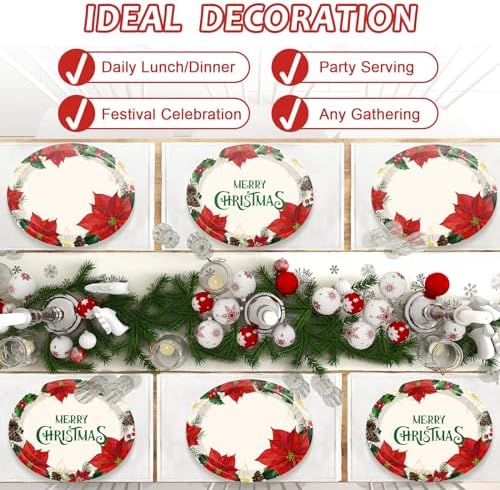 50 PCS Christmas Oval Paper Plates Large 11” Disposable Poinsettias Theme Party Decorations Winter Floral Supplies Favor for Merry Christmas Dinner Heavy Duty Dish Platter Birthday Party Tableware Set - Image 6