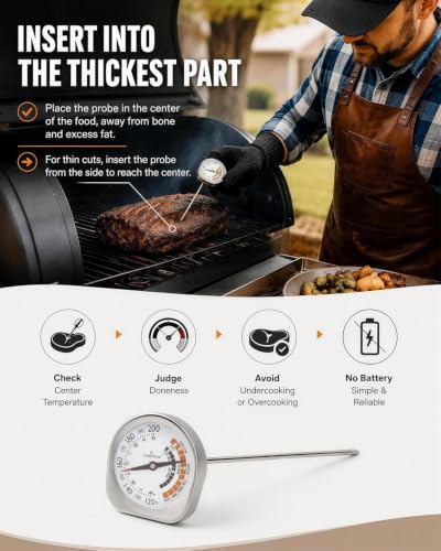 Leave in Probe Meat Thermometer Oven Safe Dual Pointer Dial BBQ Grill - Image 5