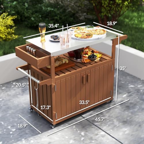 Outsunny Outdoor Bar Cart with Storage Cabinet Kitchen Island Brown - Image 3