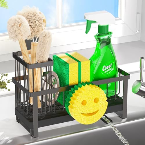 Sponge Holder for Kitchen Sink,Sink Caddy with Removable Dish Brush Holder,Self-Draining Kitchen Countertop Organizers and Storage Essentials,Soap Dispenser Organize and Home Decor-Black by Taugast