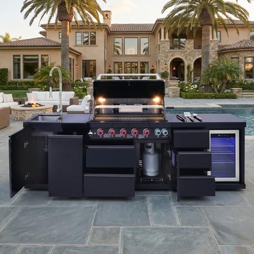 114 Inch Outdoor Kitchen Island, 6 Burner Propane Gas BBQ Grill 83500 BTU, 304 Stainless Steel Black Grill Station with Sink, Refrigerator, Rotisserie, For Patio, Lawn, Backyard, Black - Image 2