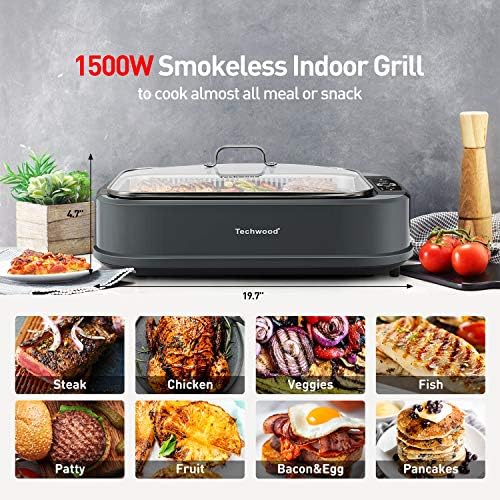 Indoor Grill, Techwood 1500W Smokeless Electric Grill with 2 in1 Nonstick Grill/Griddle Plates, Portable Korean BBQ Grill with 6-Level Control, Glass Lid, Dishwasher Safe, Double Plates, Gray - Image 5