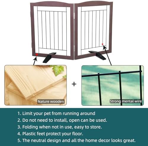 ZJSF Freestanding Dog Fence Indoor, Foldable Dog Gate for Doorways, Stairs or Hallways, Sturdy Wood Extra Wide Pet Gate with Support Feet for The House, Brown, 24 "Height-2 Panels - Image 6