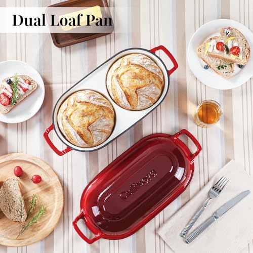 Cast Iron Bread Pan with Lid, Mini Enamel Sourdough Baking Dutch Oven Pot, Double Round Loaf Space for Homemade, Bread, Cake, Meatloaf, 16.5cm Diameter, 500°F Oven Safe, Non Stick, Red - Image 3