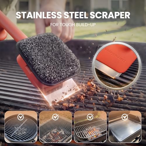 ThermoMaven Bristle-Free BBQ Grill Brush - No Wire Risk Steam Cleaner Removes Burnt Grease Fast - 17" Cool-Touch Handle, Scraper & 3 Replaceable Heads for Gas, Charcoal & Cast Iron - Image 4