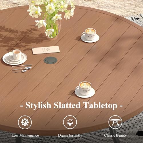 Outdoor Dining Table for 8, 53" Round Outdoor Table with Adjustable Umbrella Hole, All-Weather Metal Patio Dining Table for Lawn Garden Backyard Deck, Walnut - Image 4