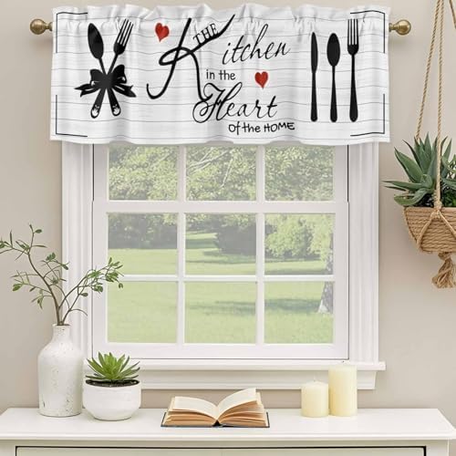 Valances for Windows, Kitchen Tableware Valance Curtains Blackout Drapes for Kitchen/Bathroom/Cafe, Red Love Heart Black Words Vintage Rod Pocket Window Toppers Valances 2 Pack Clearance 60''x18'' - Image 3
