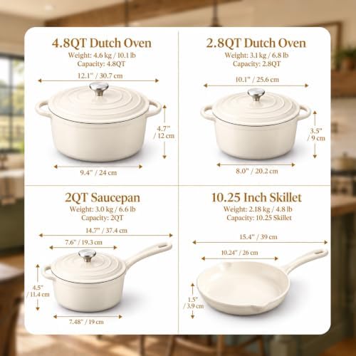 QuliMetal Enameled Cast Iron Cookware Set, 4-Piece Pots and Pans Set with Lids, 10.25" Skillet, 2QT Saucepan, 2.8QT & 4.8QT Dutch Ovens, Oven Safe to 500°F, All Stovetops Compatible - Cream White - Image 2