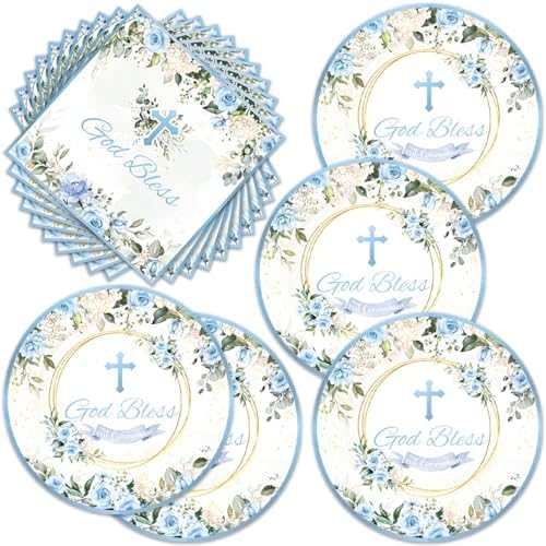 40Pcs Blue God Bless Party Supplies Tableware Set 20 Plates and 20 Napkins for God Bless Party Decoration Serve 20 Guests by Frypeas