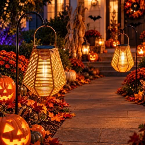 pearlstar Solar Lanterns Outdoor 2 Pack Rattan Hanging & Table Decor Lights - Image 2