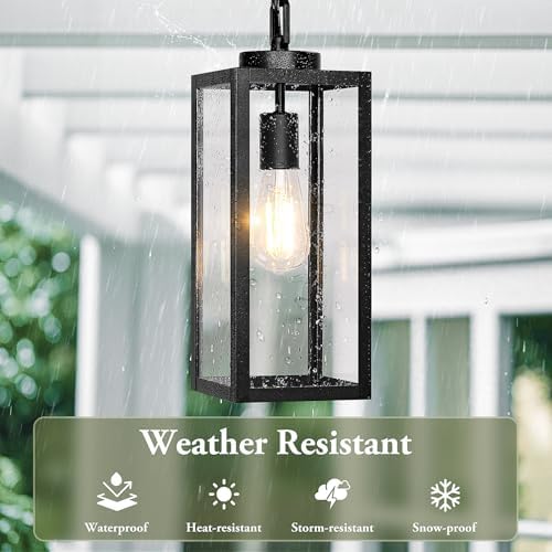 BesLowe 15” Large Outdoor Pendant Light, Modern Hanging Lantern, Black - Image 2
