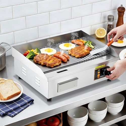 Garvee Commercial Half-Flat Top Griddle, 22in Stainless Steel Griddle Grill with 2 Shovels and 2 Brushes for Home or Restaurant, 1700W Commercial Griddle - Image 6