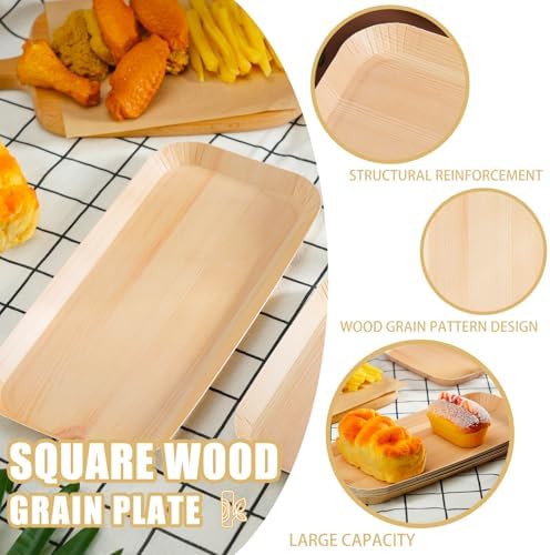 50 Pcs Wood Grain Paper Plates, 10 x 5 Inch Rectangle Wood Paper Plates, Rustic Disposable Plates for Woodland Baby Shower, Camp Fire, Camping, Lumberjack Birthday Party Supplies (L) - Image 3