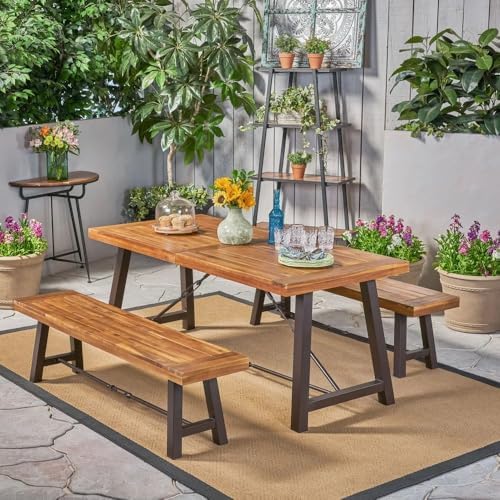 70'' Outdoor Patio Dining Table & 2 Bench for 4, Acacia Wood Farmhouse Dining Table Set Outdoor & Indoor Furniture for Patio Porch Garden, H-Shaped Metal Base, 3-Pcs, Teak by JJKFurniture-kevinplus