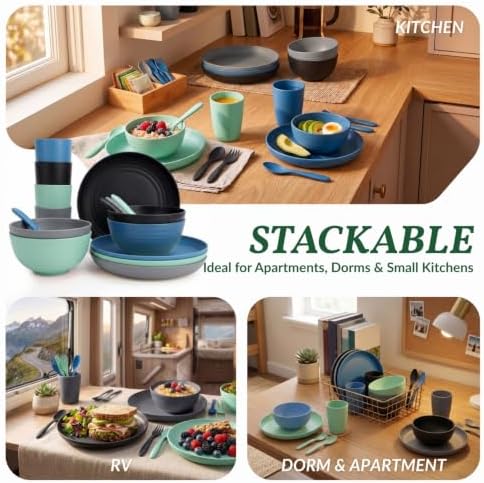 Homienly Unbreakable Plates and Bowls Sets 20 PCS Wheat Straw Dinnerware Sets Microwave & Dishwasher Safe Plate Set Kids Plastic Plates Camping Dish Set, Salad, Hamburger, Pizza-Nightscape - Image 6