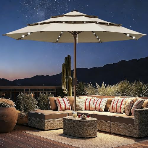 EliteShade USA 10-Year-Non-Fading 10ft 3-Tier Market Patio Umbrella, Commercial Table Umbrella with 80 Solar LED Lights, Crank Open, Windproof & UPF 50+ UV Protection for Garden, Deck, Pool, Backyard, No Tilt, Antique Beige - Image 3
