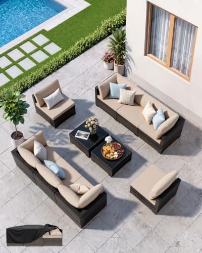 Patio Furniture Set - All-Weather - 10 Piece Patio Outdoor Conversation Set, Modular Wicker Rattan Sectional Sofa for Backyard, Garden, Poolside, Balcony, Porch, Patio, Brown/Khaki by Unknown