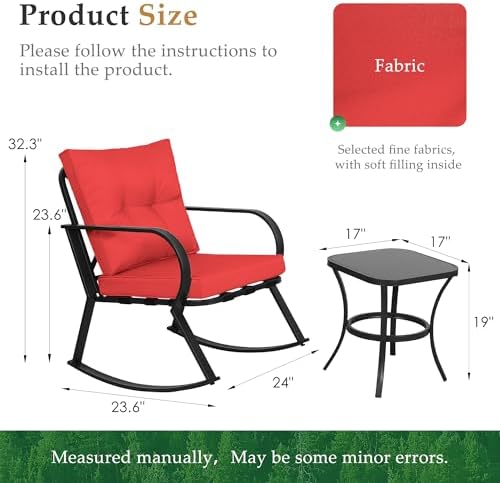 Oakcloud Oakmont Outdoor Furniture 3 Piece Conversation Bistro Set Rocking Chairs and Glass Top Table, Thick Cushions, Black Steel (Red) - Image 4