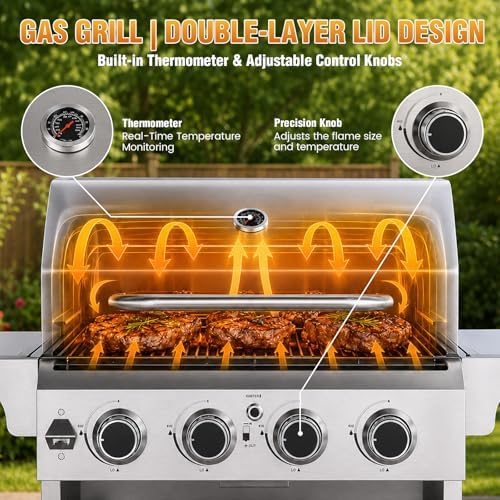 R.W.FLAME 4-Burner Gas Grill, Propane Grill with Folding Side Tables, Heavy-Duty Thickened Stainless Steel Grill, 32,000 BTU BBQ Grill for Outdoor Cooking, Barbecue, Garden and Patio Backyard - Image 6