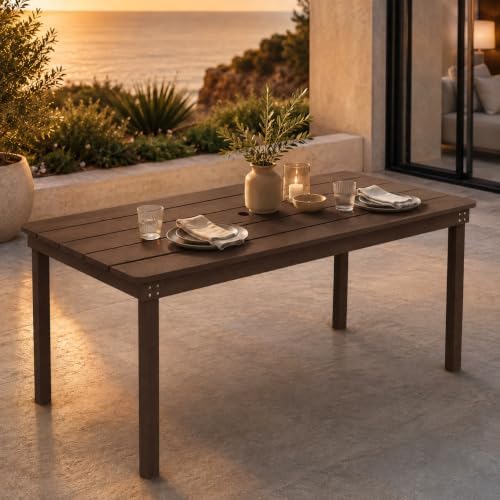 64" Rectangular Outdoor Dining Table, All-Weather HDPE Patio Table for 6-8 Person, Large Composite Wood Furniture with Umbrella Hole for Backyard Deck Garden Poolside, Coffee - Image 3