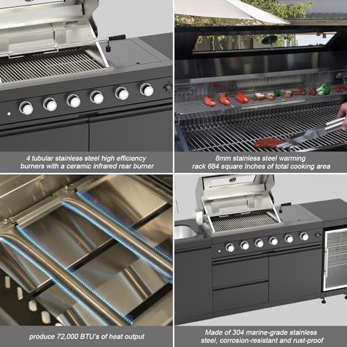 Outdoor Kitchen Island, 84.6 Inch 72000 BTU Gas Grill Combination With Refrigerator and Sink, Outdoor Stainless Steel Barbecue Bar, Natural Gas Barbecue Grill for Patios, Gardens, Parties - Image 4