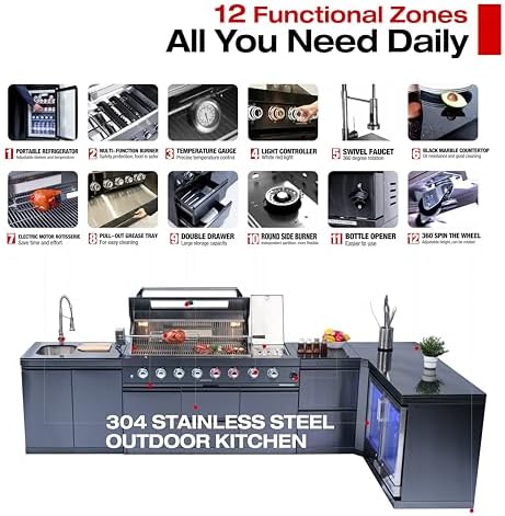 153-Inch 6-Burner Propane Gas L-Shaped Outdoor Kitchen Island Grill with 96000 BTU, 304 SS Construction, Wine Cooler, Rotisserie, Granite Countertops for Backyard Entertaining, Black - Image 3
