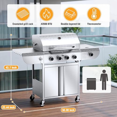 R.W.FLAME Gas Gril, 4Burner with Side Burner, Stainless Steel Outdoor Grill - Image 2