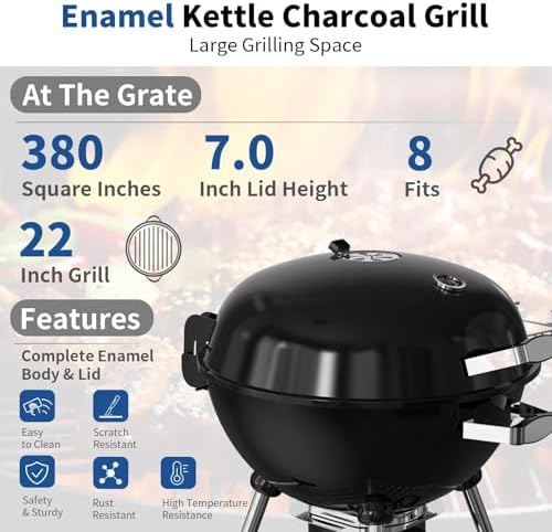 22.5-Inch Portable Charcoal Grill, Heavy Duty Kettle BBQ Smoker with Built-in Thermometer & Removable Water-Rinsable Ash Catcher for Outdoor Camping, Patio, Backyard, and Tailgating - Image 4