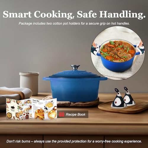 Overmont Enameled Cast Iron Dutch Oven - 4.5QT Pot with Lid Cookbook & Cotton Potholders - Heavy-Duty Cookware for Braising, Stews, Roasting, Sourdough Baking blue - Image 6