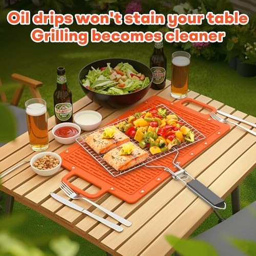 Portable Outdoor Silicone Grill Mat, Foldable Heat-Resistant Table Mat & BBQ Side Shelf Tool Pad with Snap Buttons, Converts into Storage Bag for Utensils and Food, Food-Grade, Non-Slip(Orange) - Image 4
