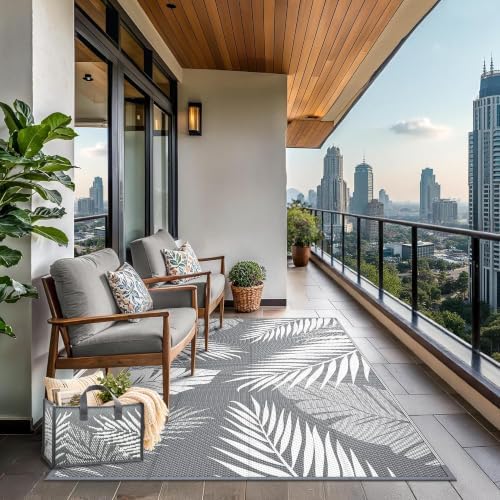 GENIMO Outdoor Rug 6' x 9' Waterproof for Patios Clearance, Reversible Plastic Straw Camping Carpet with Rectangular Storage Bag, Large Area Rugs and Mats for RVs,Garden, Beach, Gray & White - Image 3