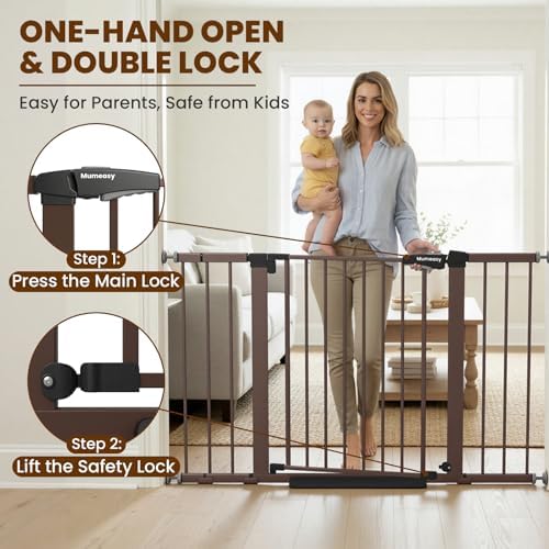 Mumeasy 29.7–48" Baby Gate for Stairs, Dog Gate for Doorways, Auto Close Child Gate, Indoor Safety Pet Gate with Walk Thru Door, Easy Install Pressure Mounted Extra Wide Gate for Kitchen, House, Brown - Image 5