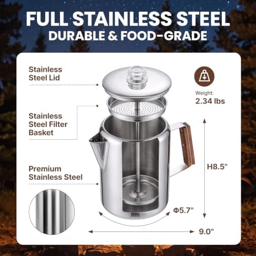 KingCamp Percolator Coffee Pot,304 Stainless Steel,Large Capacity,12 Cup - Image 2