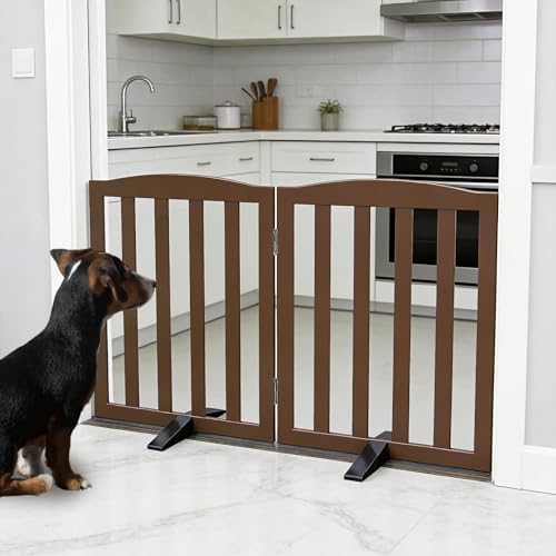 Freestanding Dog Gate Indoor,Doggie Gate Foldable Pet Gates for Doorways,Stairs or Hallways, Wooden Brown Pet Gate for the House, Pet Fence with Support Feet Included,24 "Height-2 Panels - Image 2
