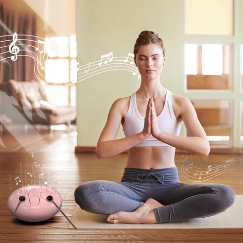Rain Drum for Outside Garden, 6 Inches 8 Notes Steel Tongue Drums, Waterproof Meditation Echo Rain Chime, Musical Instruments for Adult Gift with Bag, Music Book, Mallets (Pink) - Image 4